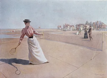 Match de tennis amateur sur la plage - dessin, XXe siècle