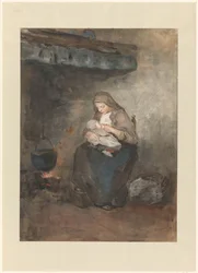 Mère allaitant son enfant près du foyer