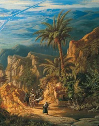 Vue du canal de Suez, détail : Caravanes et palmiers (huile sur toile)