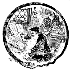 Alchimiste consultant ses grimoires (formules magiques - cabalistiques) sous les yeux d