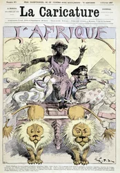 Caricature sur le colonialisme en Afrique : « Grand déballage de nouveautés coloniales africaines, faites votre choix ! Tout un continent à partager, tranches de Congo, morceaux de Guinée » par Robida - dans « La Caricature » du 05/02/1887