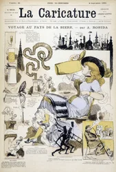 Montage avec femme buvant une chope de bière par Robida - couv. dans "La caricature" du 4/9/1880