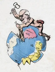 Ferdinand de Lesseps (1805-1894), diplomate et administrateur français, sculpteur et décorateur de continents. Caricature de Robida.