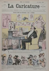 Meurtre ou divorce, couverture de « La Caricature » représentant Alexandre Dumas fils (1824-95) comme « expert » des drames matrimoniaux, 1er janvier 1880