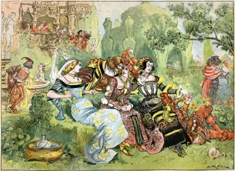 Scène de "Gargantua", illustration par Robida pour les œuvres complètes de François Rabelais publiées par la Librairie Illustrée, 1885