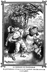 La naissance de Polichinelle. Dessin par Albert Robida (1848-1926) dans un livre de lectures pour enfants 1920-1930