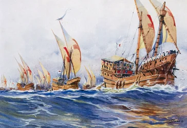Navires français du roi Louis IX pendant la huitième croisade en 1268, aquarelle d