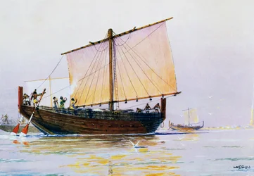 Navire marchand phénicien arrivant à Pharos, aquarelle par Albert Sebille (1874-1953), 20e siècle