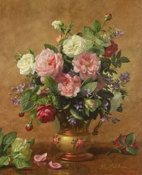 Roses dans un vase émaillé rose, 1995