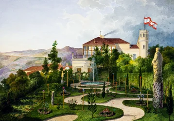 Extérieur avec jardin, sud-ouest de la Villa Lazzarovic résidence de Trieste de Maximilien de Habsbourg (1832-1867)