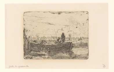 Paysage de polder avec deux hommes sur un bateau