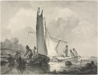 Paysage fluvial avec pêcheur et trois bateaux