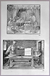 Appareil pour traduire des objets tridimensionnels en dessins bidimensionnels, deux scènes du premier livre technique de l