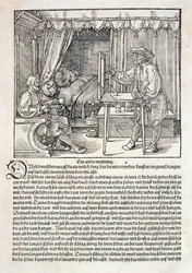 Artiste utilisant la machine à dessiner de Dürer pour peindre une figure, de 