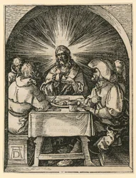 Le Christ à Emmaüs, feuille 33 de la série « Petite Passion sur bois »
