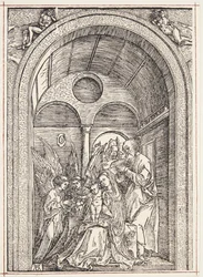 La Sainte Famille avec deux anges dans une salle voûtée