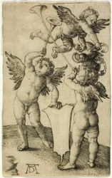 Trois putti avec bouclier et casque