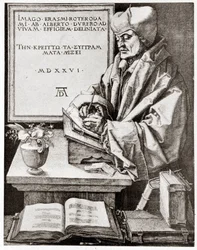 Érasme à son écriture - gravure par Albrecht Dürer reproduite au début du 20e siècle