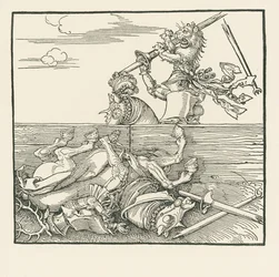 Le tournoi étranger. Maximilien a soulevé son adversaire Jacop de Heri de la selle, vers 1517-18 (gravure sur bois)