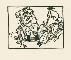 Le prêtre est couché dans la prairie, un corbeau croasse sur une pierre creuse, vers 1489-90 (gravure sur bois)