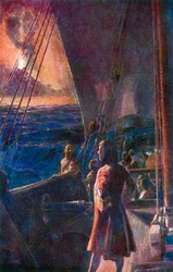 Dampier et son équipage observant une éruption volcanique (lithographie couleur)