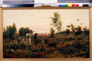 Le tir au coq de bruyère. Scène de chasse. Peinture d
