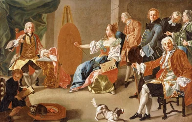 Allégorie de la peinture : une compagnie élégante dans un intérieur avec un gentleman posant pour son portrait