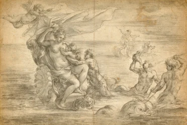 Vénus assise dans son char de mer et tétant Cupidon
