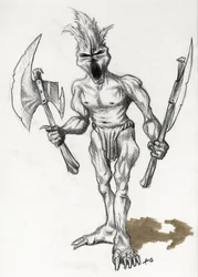 Monstre légendaire pour illustration fantastique : guerrier troll avec des haches