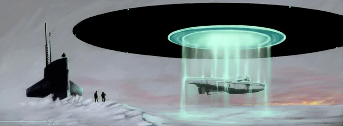 Rencontre au pôle Nord entre un sous-marin U-Boot et une soucoupe volante (OVNI ou extraterrestre) pour la restitution d