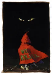 Le Petit Chaperon Rouge revisité par Charles Perrault (1628-1703) : le Chaperon Rouge fait face aux yeux du loup dans le noir avec un fusil caché sous son manteau rouge « Tueur de loup ». Dessin par Alessandro Lonati