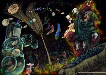 La sorcière Befana est une figure du folklore italien, représentée dans son atelier lorsqu