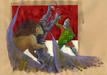 Yvain, le Chevalier au Lion combattant le dragon. Illustration par Alessandro Lonati
