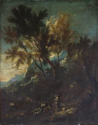 Un paysage de montagne avec des figures pastorales