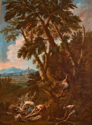 Paysage avec des lavandières et des bûcherons