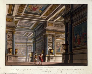 Scénographie par Alessandro Sanquirico (1777-1849) pour « La Clémence de Tito » de Wolfgang Amadeus Mozart (1756-1791) montée à La Scala de Milan en 1819 et représentant la salle du Palais Royal de Tito