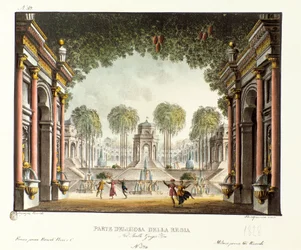 Vue de la cour royale du palais de Gengis Khan Scénographie pour le ballet « Genis-Kan » du chorégraphe italien Giovanni Galzerani (1828)