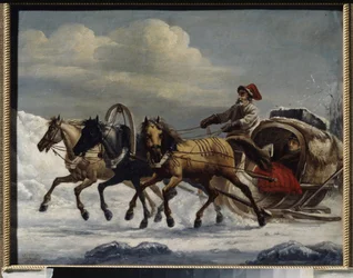 Troïka (traîneau tiré par un attelage de trois chevaux). Peinture d