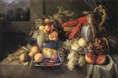 Nature morte aux fruits avec homard et pain, coupe à l