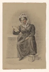 Femme assise avec le pied sur un tabouret, lisant une lettre