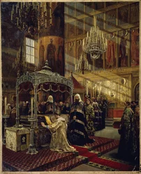 Le tsar de Russie Alexis I Mikhailovitch, dit le tsar très paisible (1629-1676) et le patriarche Nicon (1605-1681) sur le cercueil de Philippe I le métropolite de Moscou