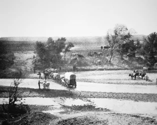 Chariot couvert traversant Tecolate Creek, Nouveau-Mexique