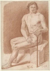 Nu masculin assis, avec un bâton