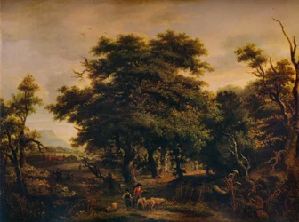 Paysage boisé, avec figures et moutons, vers 1805