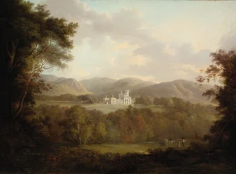 Vue du château de Dreghorn, Midlothian, avec des personnages et une charrette de foin au premier plan