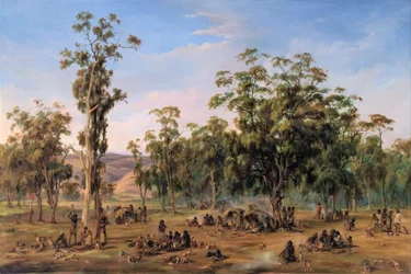 Un campement aborigène, près des contreforts d