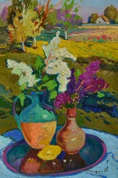 Nature morte au lilas éclatant dans un paysage