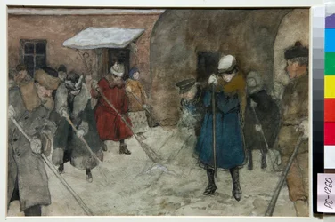 Des gens balayent la neige dans une rue en hiver