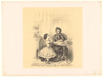 Intérieur avec une fille tendant un livre à sa mère