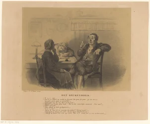 Homme et femmes à table (Le livre de cuisine, titre sur l